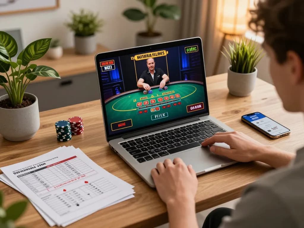 Engaged player using kong88 platform for live dealer blackjack, showcasing strategic gameplay from home.
