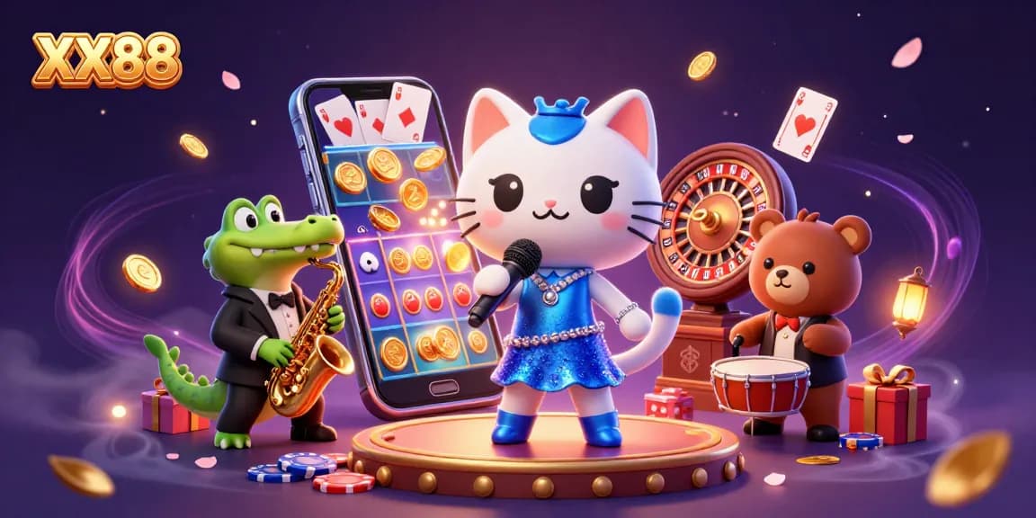 Experience thrilling gameplay at XX88 with a vibrant 3D casino illustration featuring fun characters and slot elements.