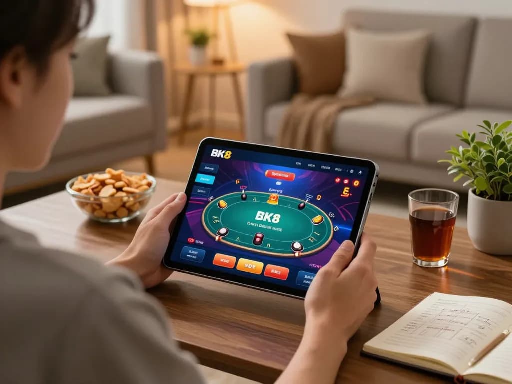 Player engaging with BK8 on tablet in a cozy home setting, showcasing online gambling convenience.