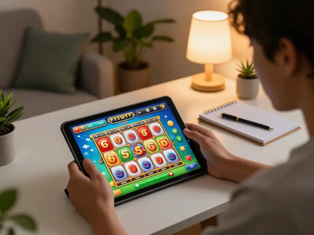 Sparking interest in situs slot mahjong gameplay on a tablet in a cozy living room atmosphere
