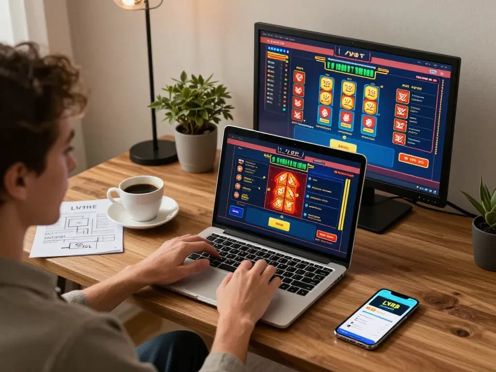 Engaging gameplay on LV88's online casino platform using laptop in a cozy home setup.