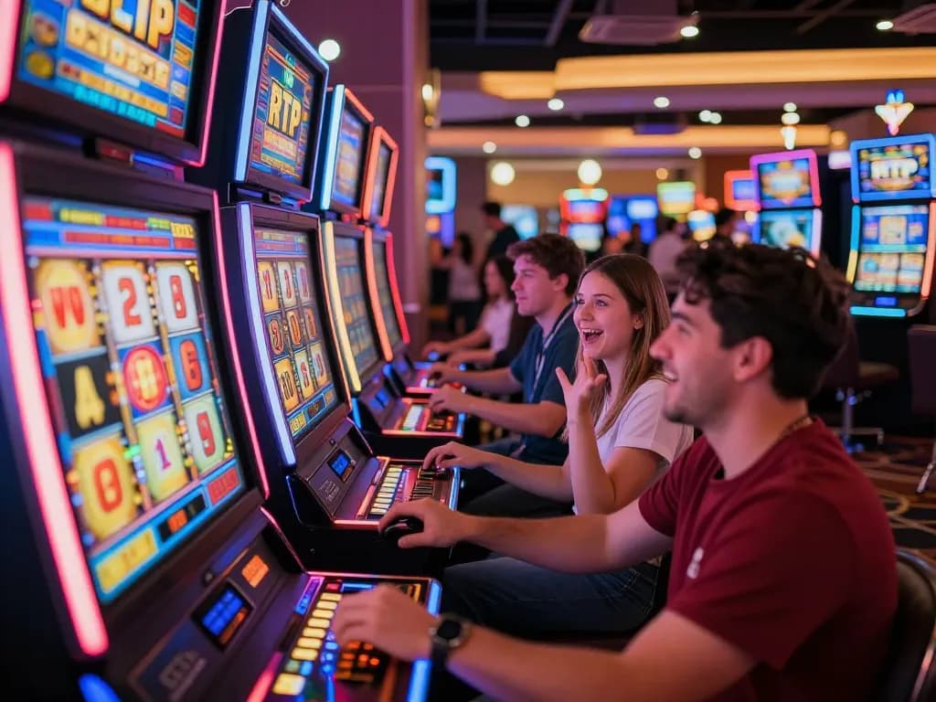 Commotion around RTP slot machines in a lively casino showcasing players engaged in gameplay.