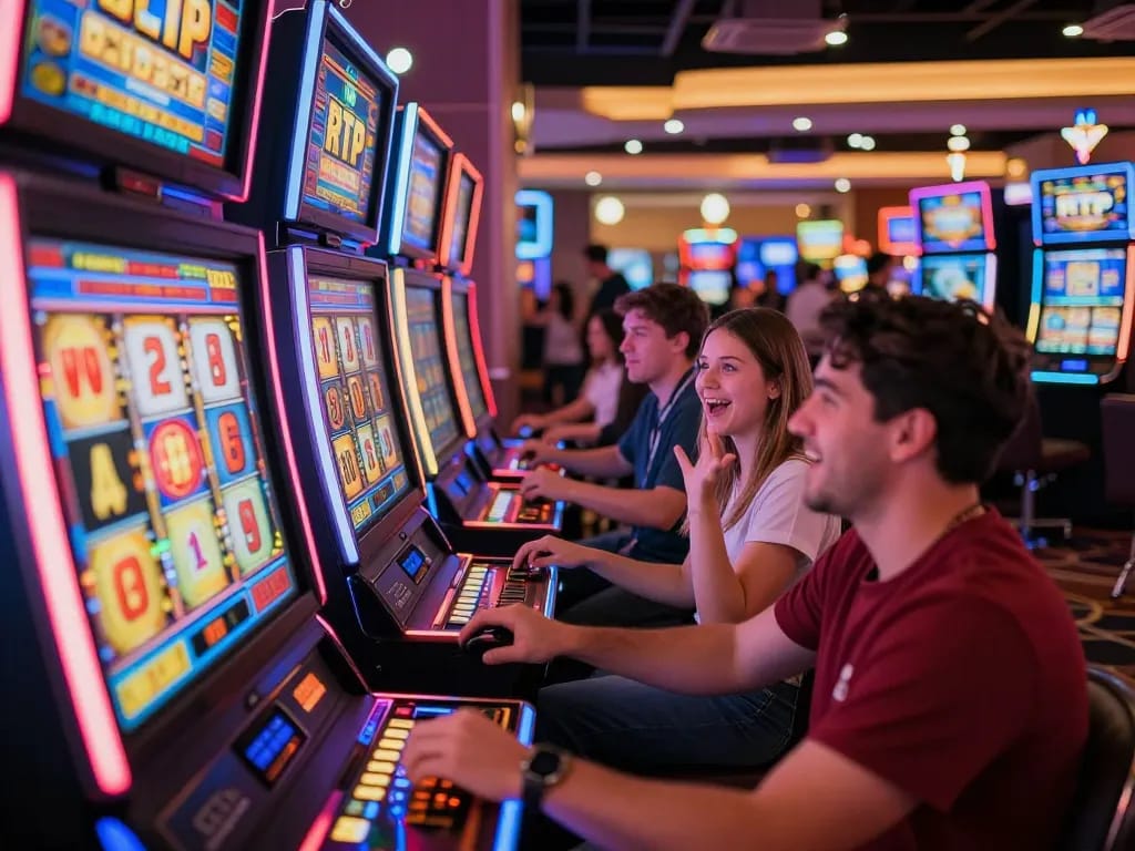 Commotion around RTP slot machines in a lively casino showcasing players engaged in gameplay.