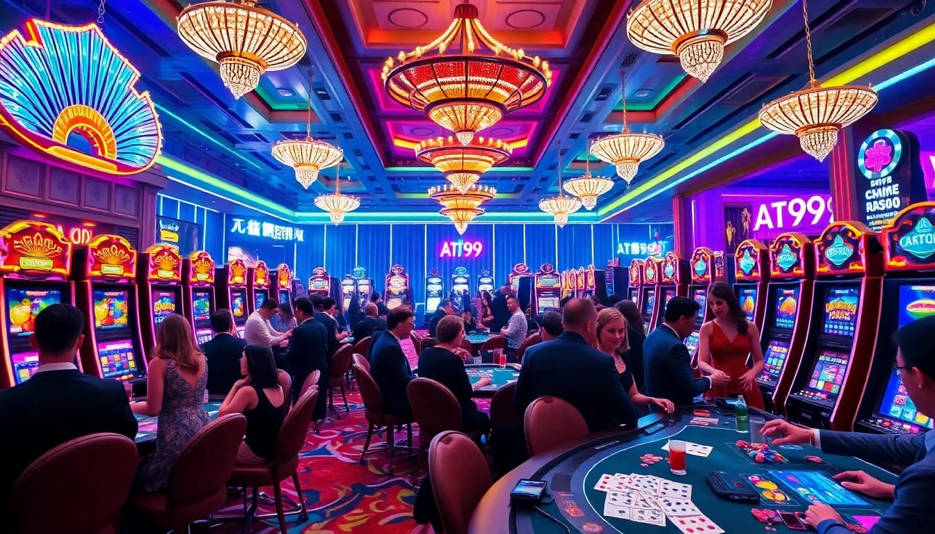 Experience the excitement of AT99娛樂城 with vibrant casino lights and players at gaming tables.