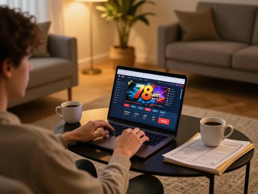 Play online casino games on 78win from a modern home gaming setup, featuring a cozy atmosphere.