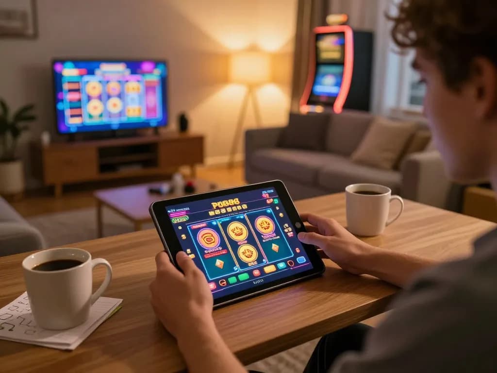 PUB88 gaming experience captured as a player enjoys online casino games on a tablet at home in a cozy living room