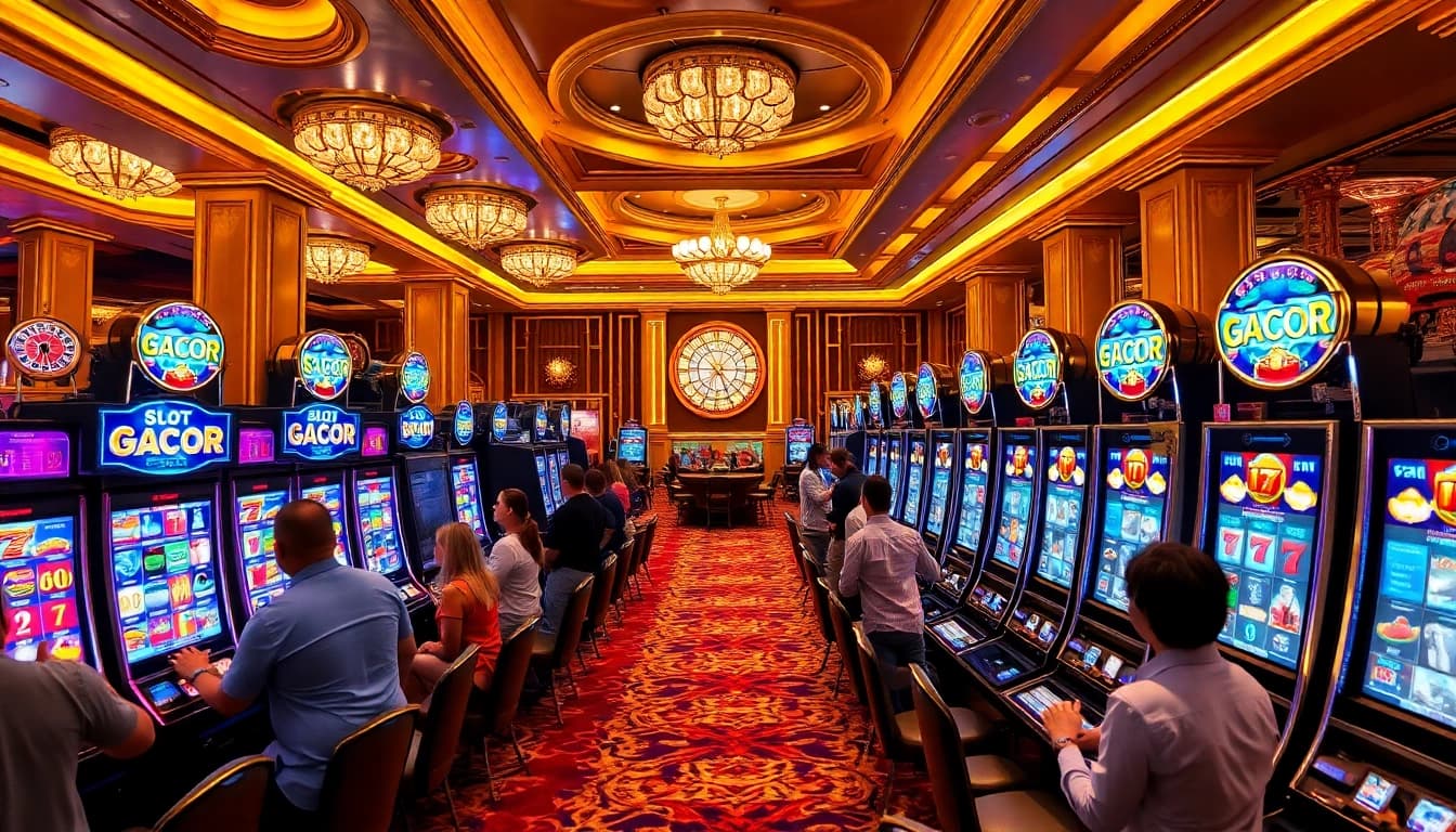 Players enjoying slot gacor machines in a vibrant casino atmosphere.
