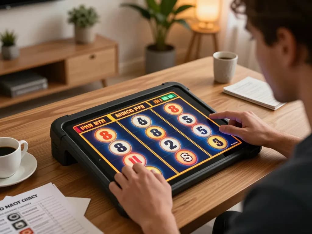 Player spins slots on their tablet from https://betbdt.art in a cozy home setting with betting notes.
