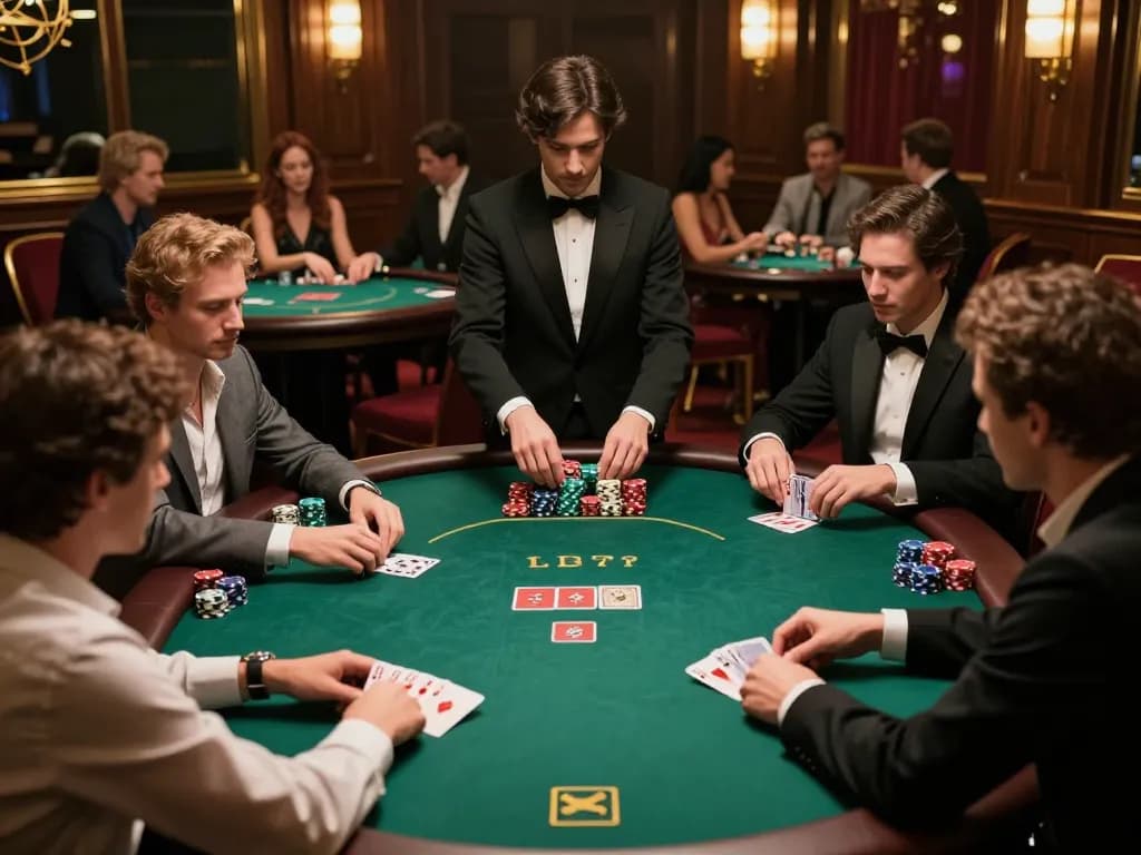 Pemain Bintangmpo sedang merencanakan strategi dalam permainan poker mewah, menampilkan taruhan tinggi dan interaksi sosial