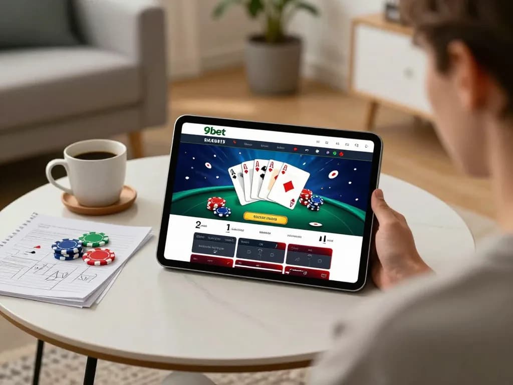 Engaging scene of a player enjoying 9bet online casino gameplay on a tablet at home with strategy notes.