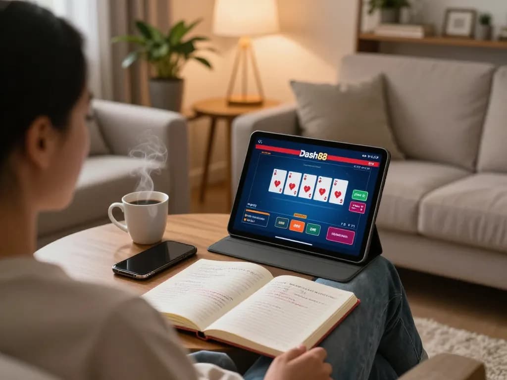 Player engaging in dash88 online poker game on a tablet at home, strategic betting notes and coffee creating an inviting atmosphere.