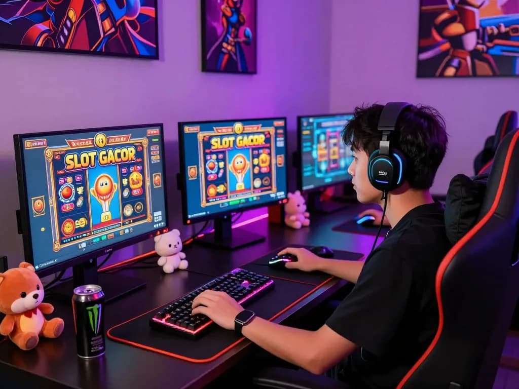 Exciting gaming setup showcasing "SLOT GACOR" with vibrant screens, gaming peripherals, and an energetic atmosphere.