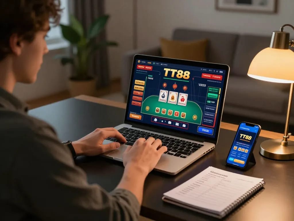 Engaged player strategizing while using TT88 for online casino gameplay.