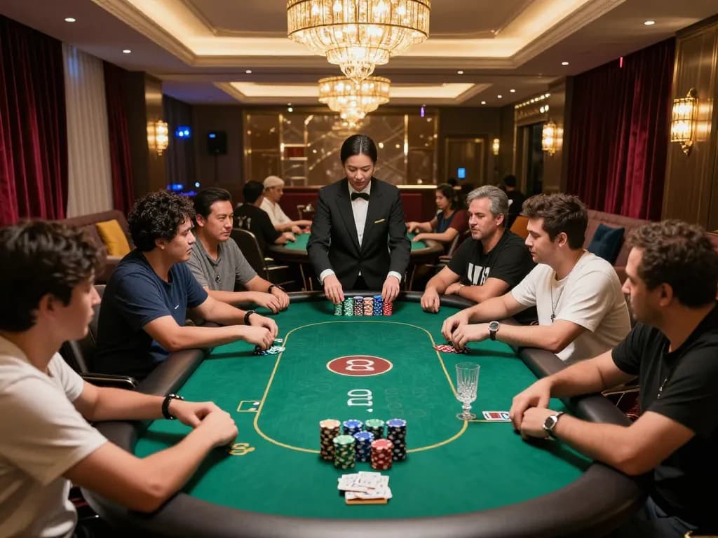 Players enjoying a thrilling poker game at MK8 casino with chips stacked high, showcasing excitement and strategy.