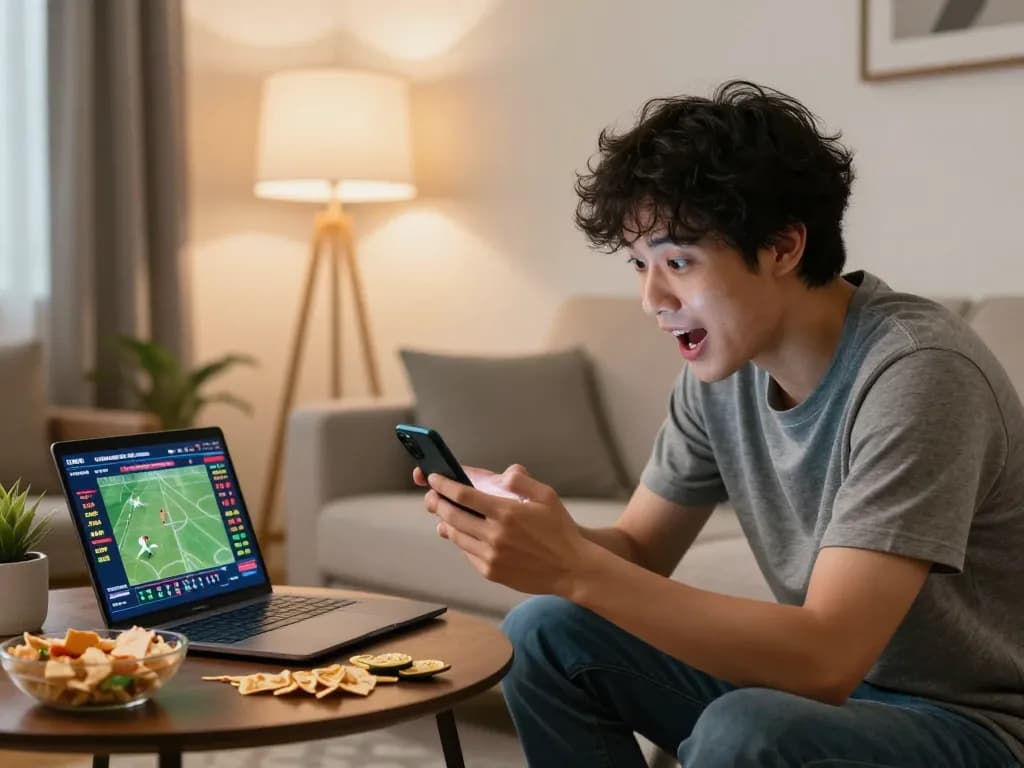Engaged user checking tỷ lệ kèo nhà cái hôm nay on smartphone for sports betting at home.