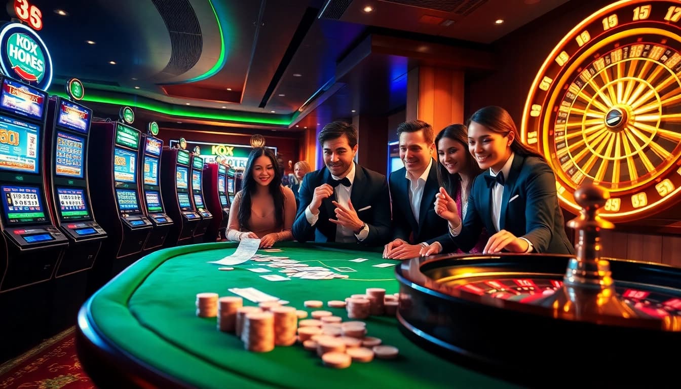 Kqxs lottery excitement with vibrant casino atmosphere featuring slot machines, betting slips, and poker chips.