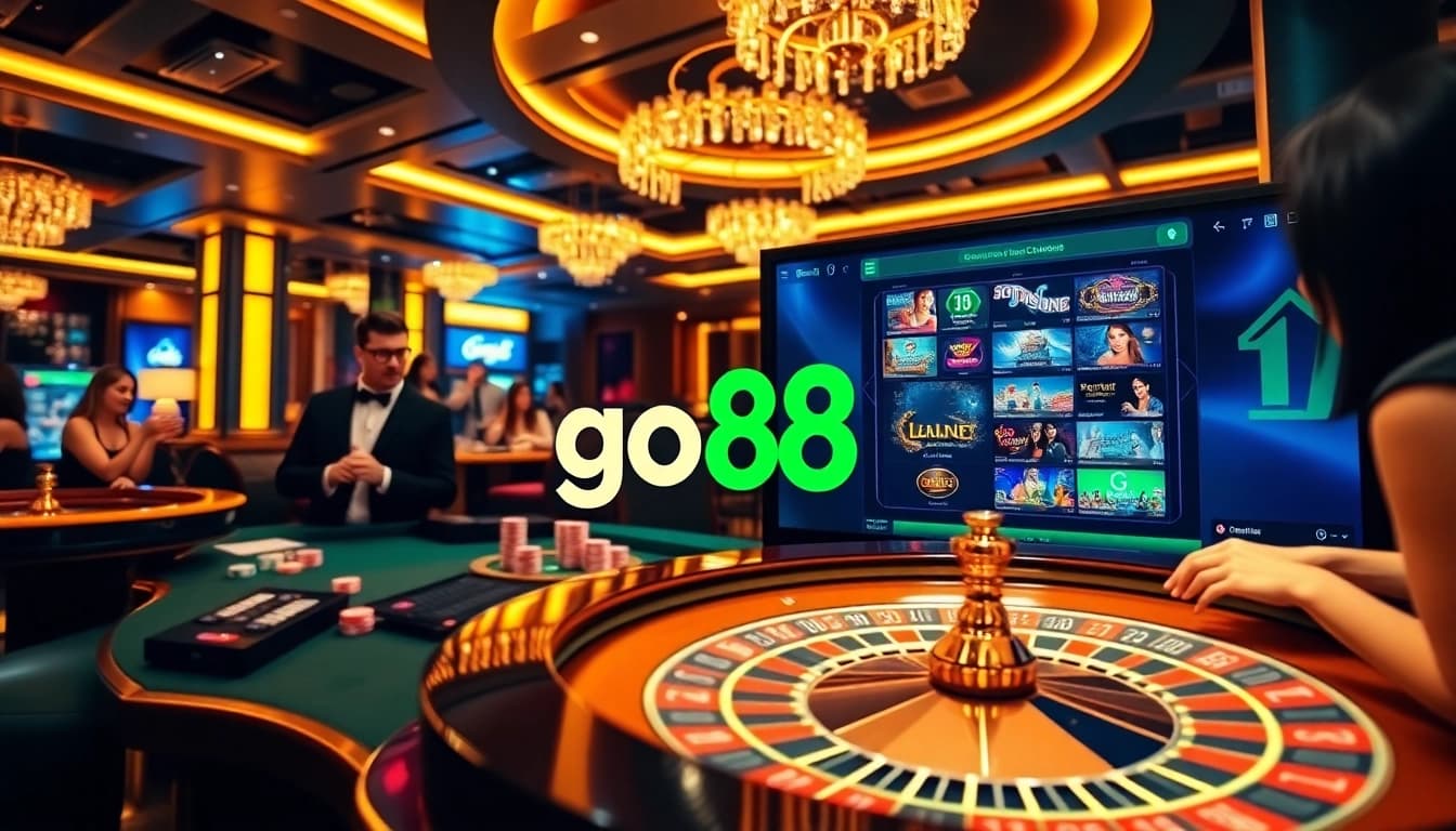 go88 enhances gaming excitement with lively casino visuals featuring poker chips and roulette elements.