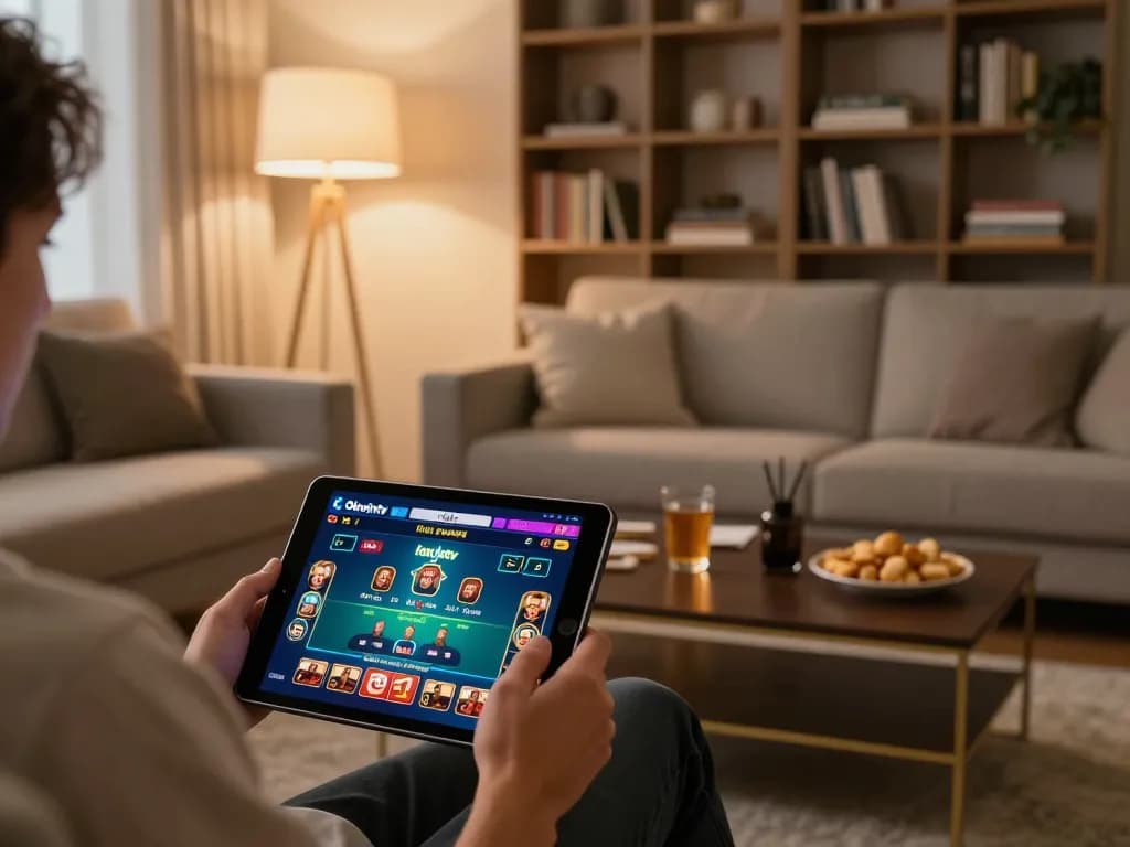Person engaging with Okwintv live dealer game on tablet in cozy home setting