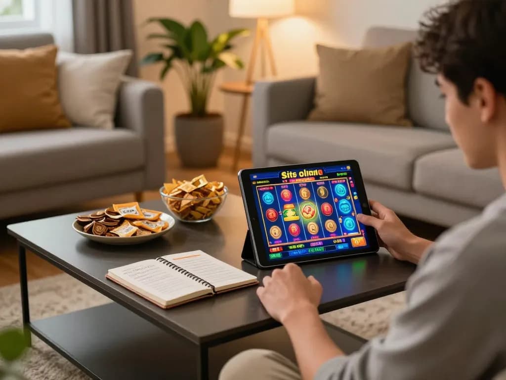 Player enjoying a situs slot game on a tablet in a cozy home setting with snacks and strategy notes.