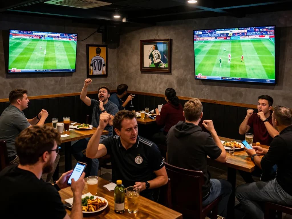 Fans placing bets on Bundesliga matches at GO8 sportsbook, showcasing excitement in a vibrant sports bar.