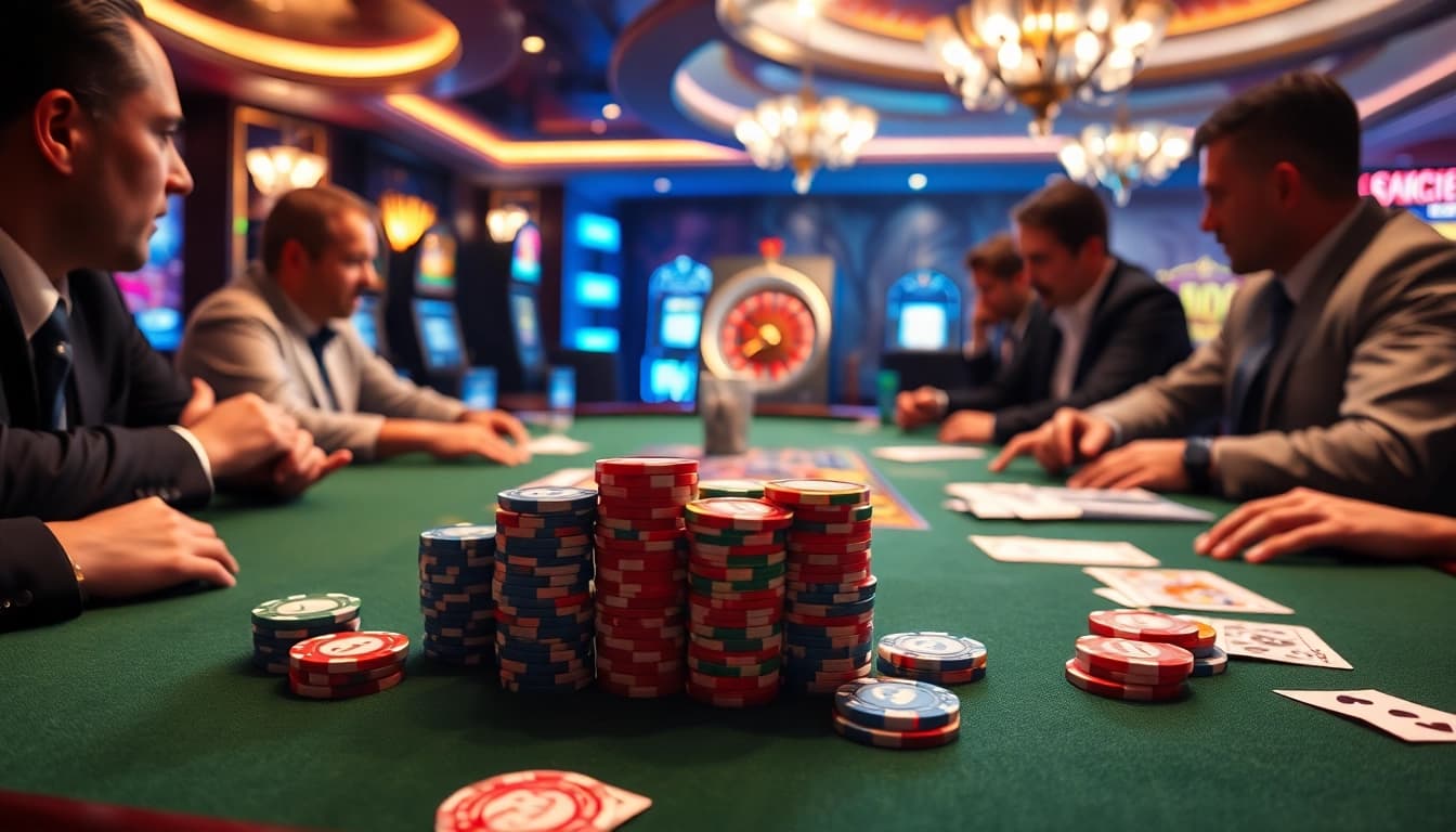 Players strategize over a poker table, immersed in the luxury of PXJ casino gaming.