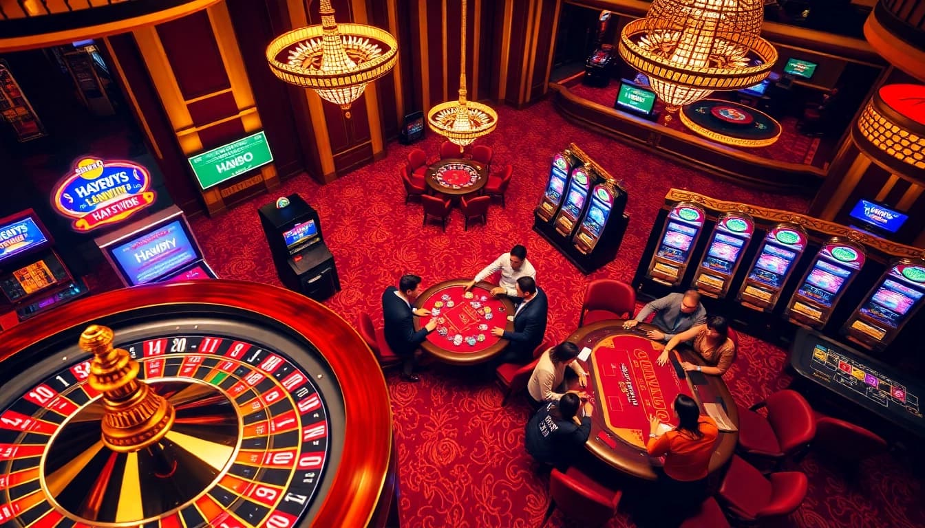 Gamblers enjoying strategic games at a luxurious HAYWIN-themed casino.