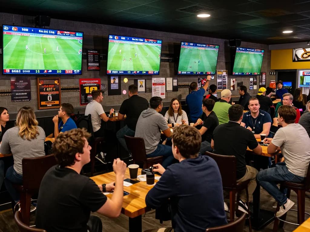 Sports fans excitedly betting on live soccer matches while discussing kqbd results at a bustling bar.