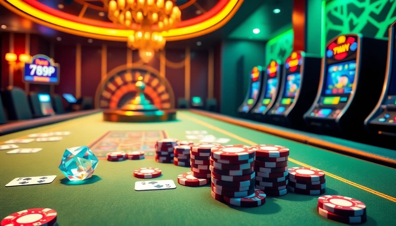 Players experience the thrilling atmosphere of 789P casino with vibrant tables, chips, and slot machines.