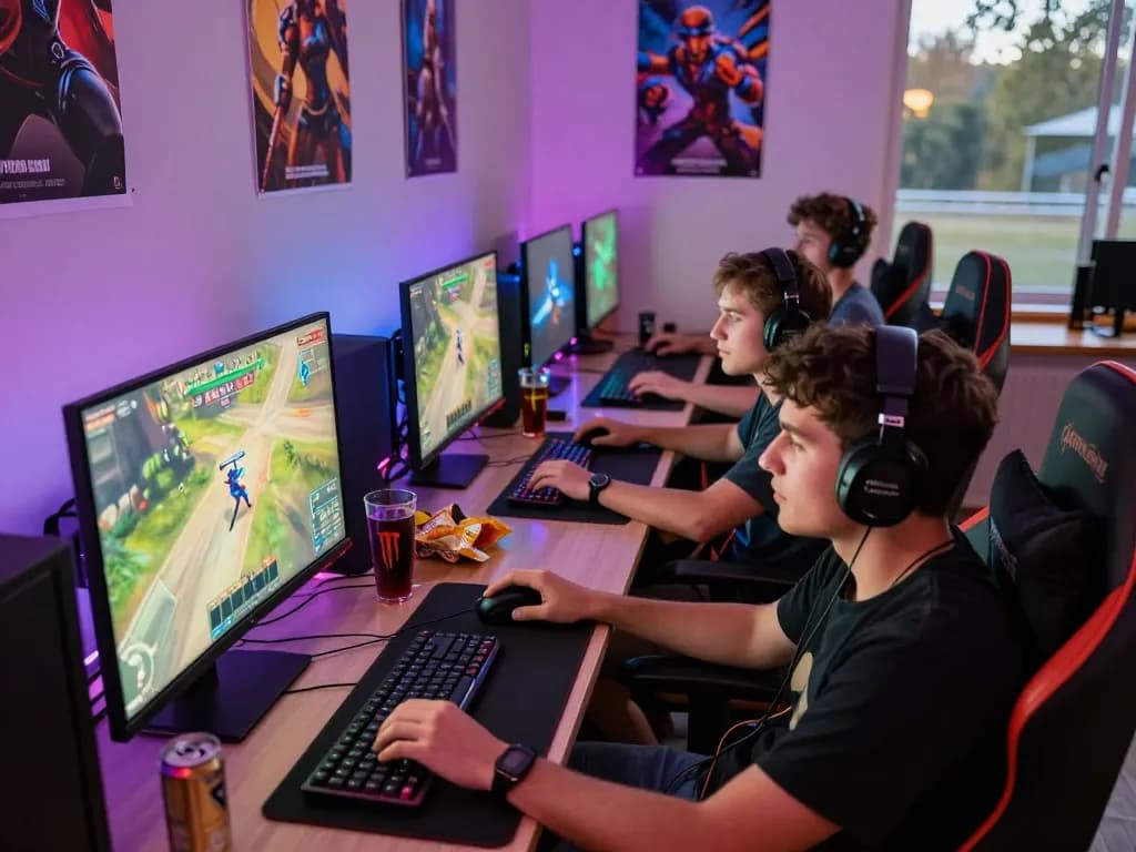 Friends enjoying an intense gaming session on 789P GG with energetic atmosphere and colorful lights