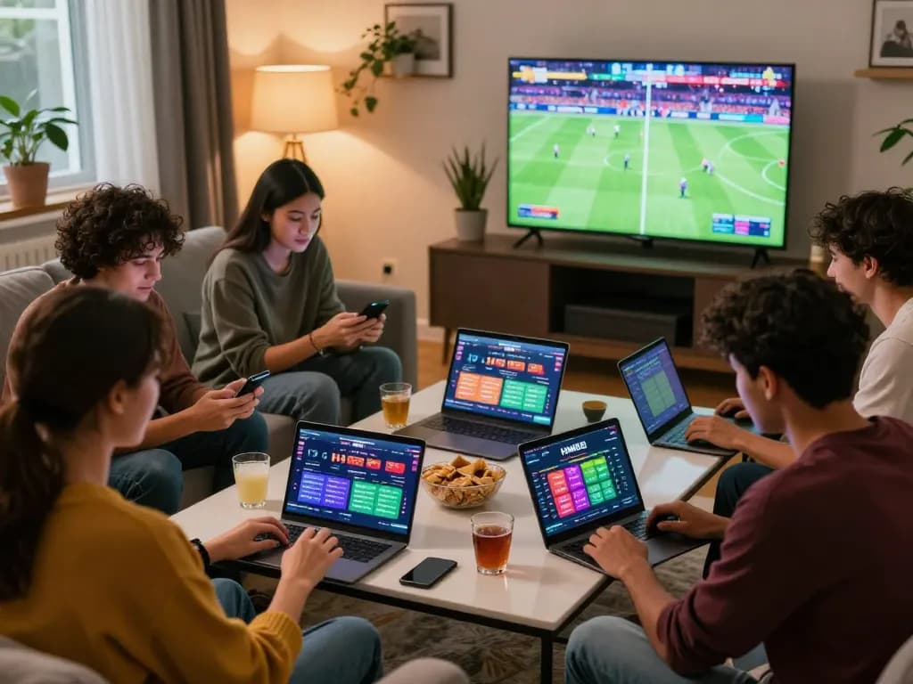 Exciting group of friends accessing the hm88 link for online betting in a cozy setting.