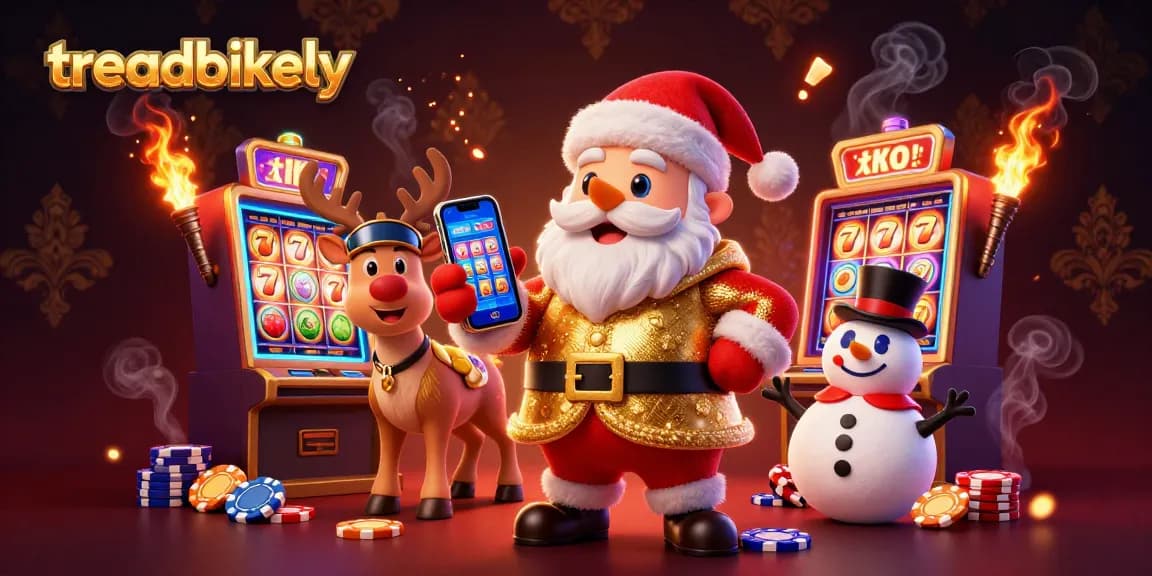 Treadbikely illuminates the casino with a festive Santa and playful characters in a vibrant slot machine scene.