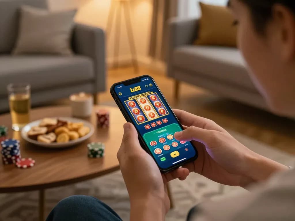 Engaging with Lc88 Vina online casino app on smartphone in cozy home setting