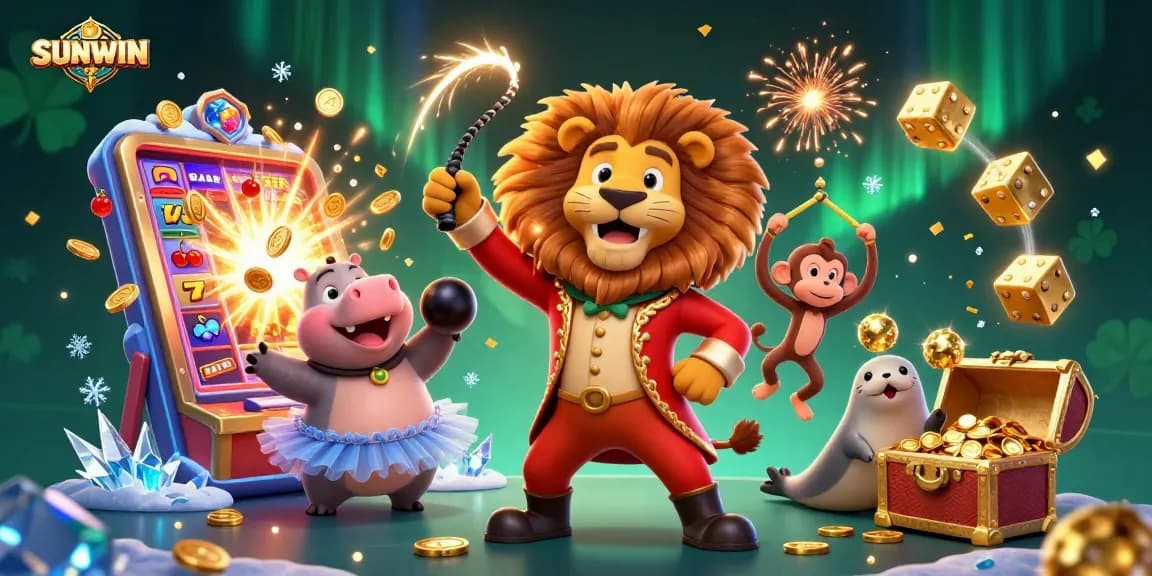 SUNWIN offers immersive gaming experiences with lively characters, slot machine jackpots, and action-packed casino elements in a vibrant scene.