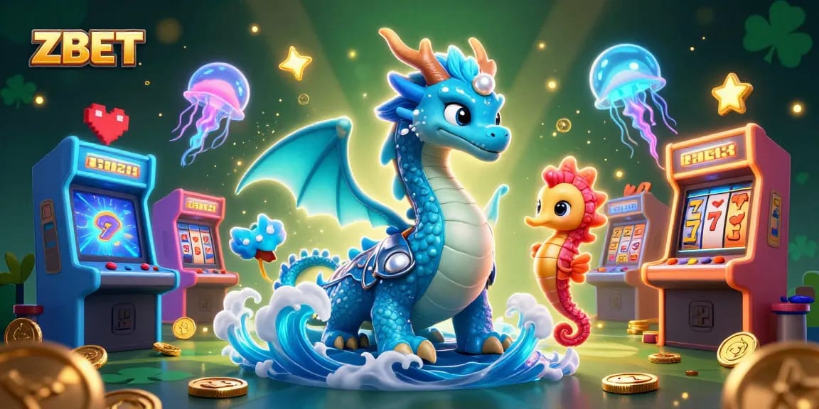 ZBET brings excitement to the gameplay with a lively illustration featuring an azure water dragon, thrilling slot elements, and vibrant gaming themes.
