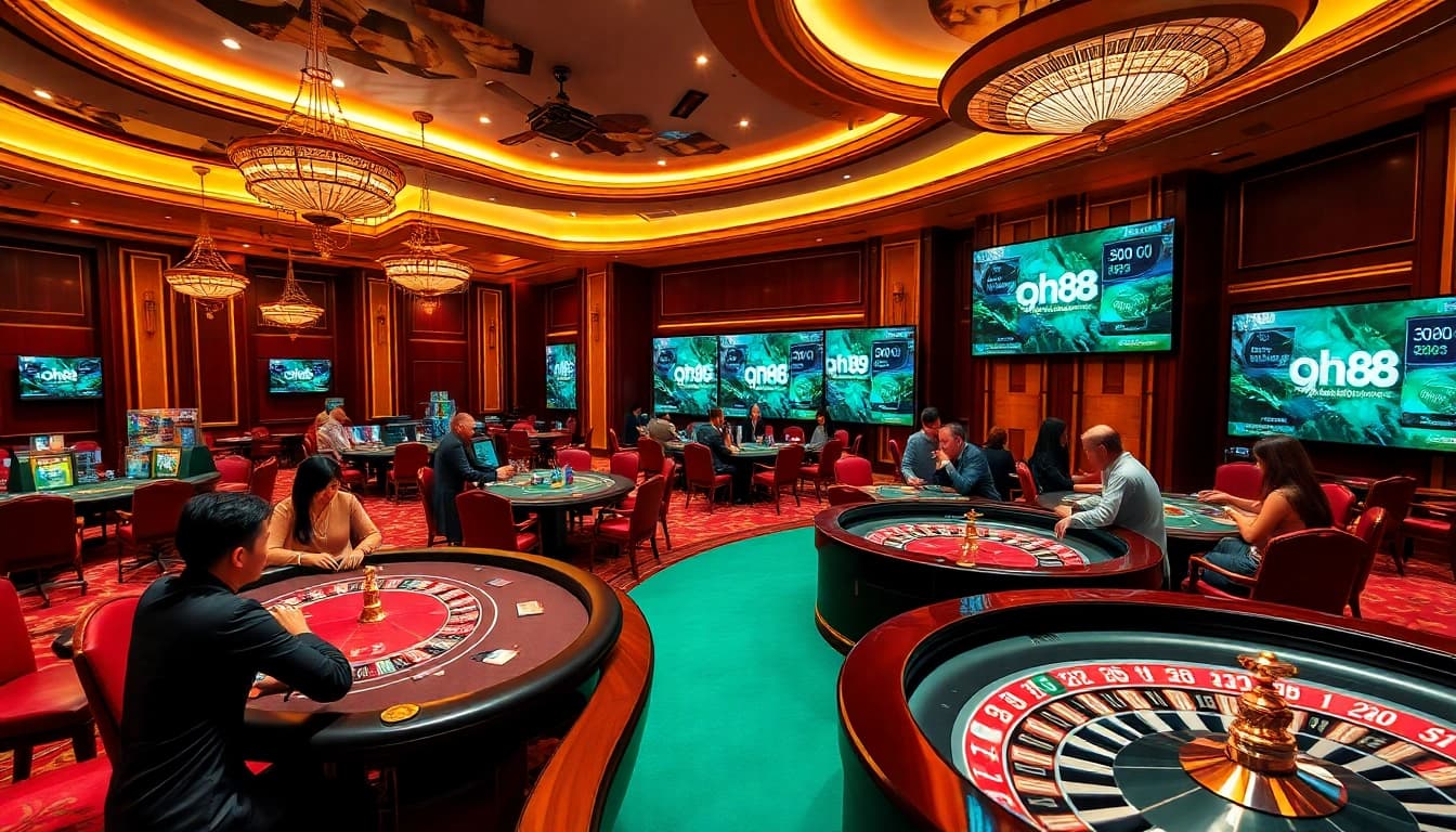 Engaged players at qh88 casino tables in a luxurious gambling setting.