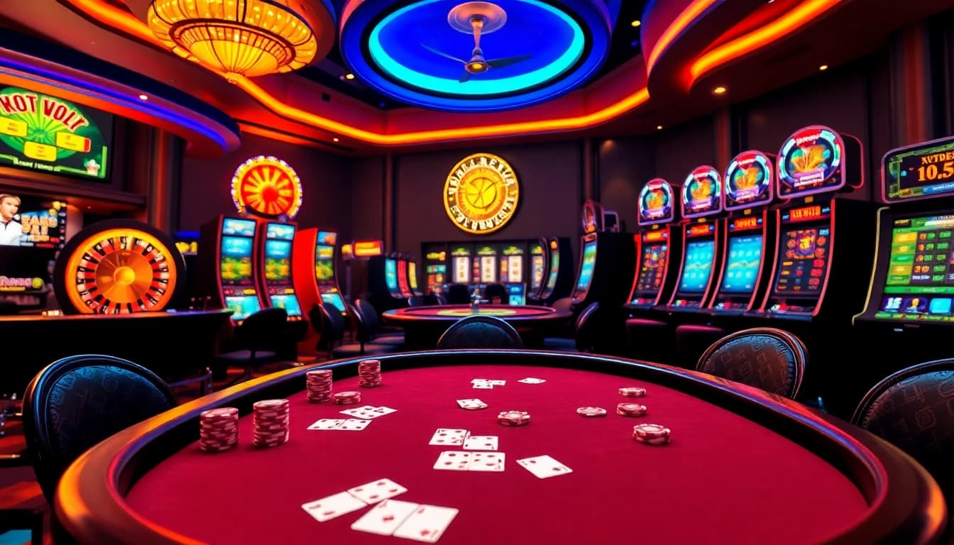 Excited players engaging in a strategic poker game at Rikvip casino, showcasing high-quality chips and cards.