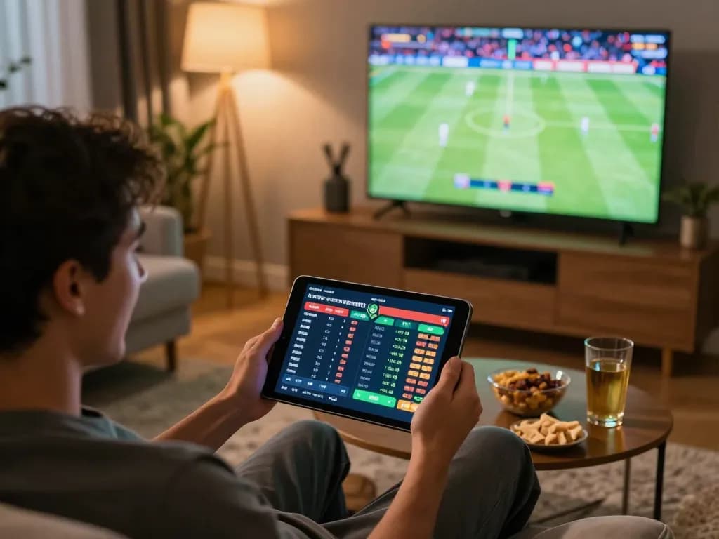Betting on live sports with MMOO on a tablet in a cozy home setting, highlighting the excitement of online gambling