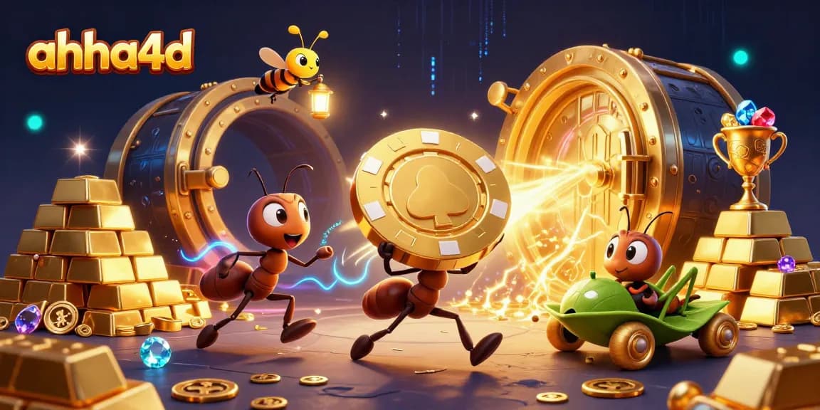 Ahha4d memasarkan permainan togel online dengan chip poker emas raksasa dalam ilustrasi 3D.