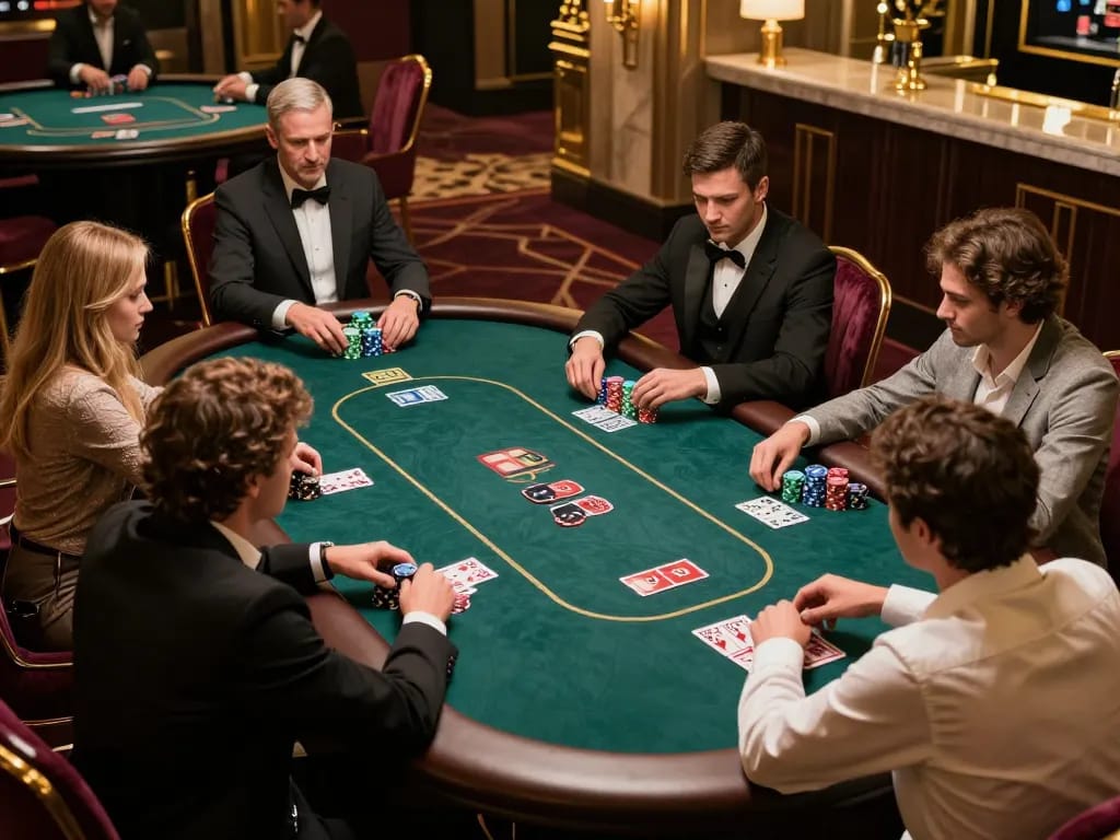 Engaging players at high-stakes poker table showcasing Link O8's exciting casino atmosphere.