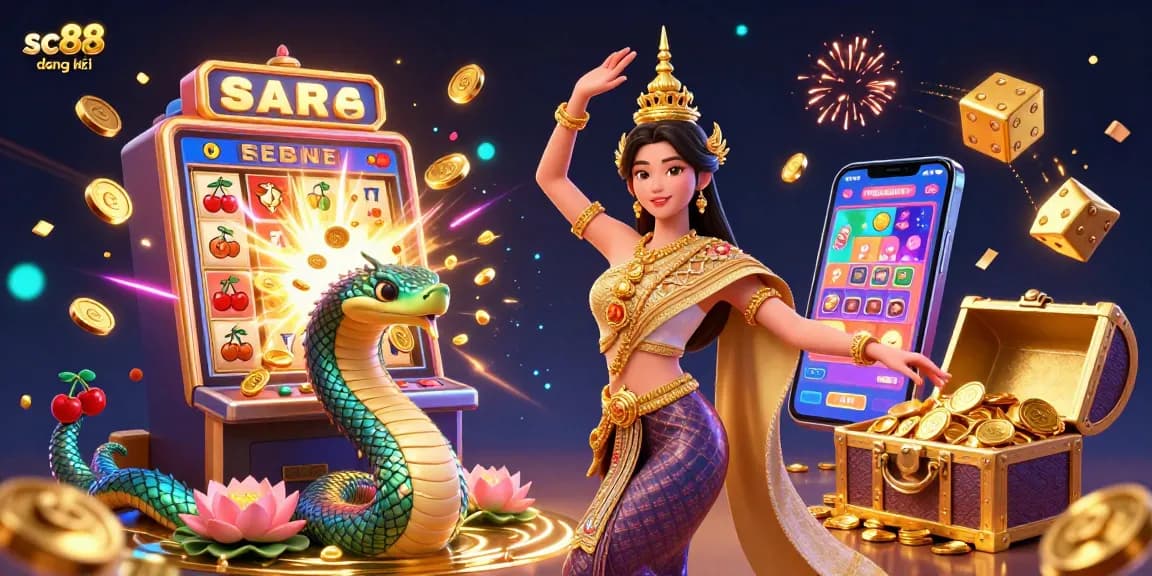 Experience the excitement of sc88 đăng ký with enchanting visuals of a Thai dancer, Naga serpent, slot machines, and dynamic casino elements.
