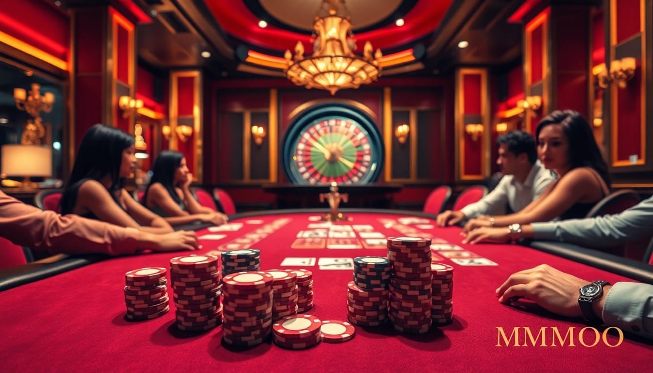 Players engage intensely at the MM OO poker table, surrounded by luxury casino elements.