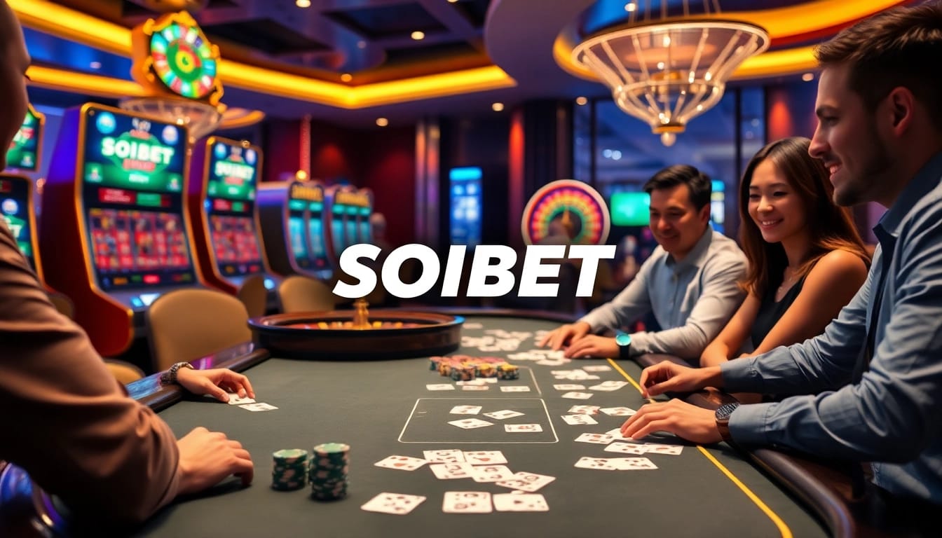 Engaging gameplay at เว็บ soibet with players enjoying cards and chips at a vibrant casino table.
