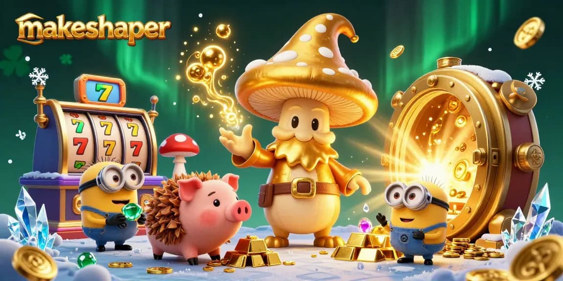 Winning at makeshaper's slot casino with golden treasures, reels, and shimmering gems.