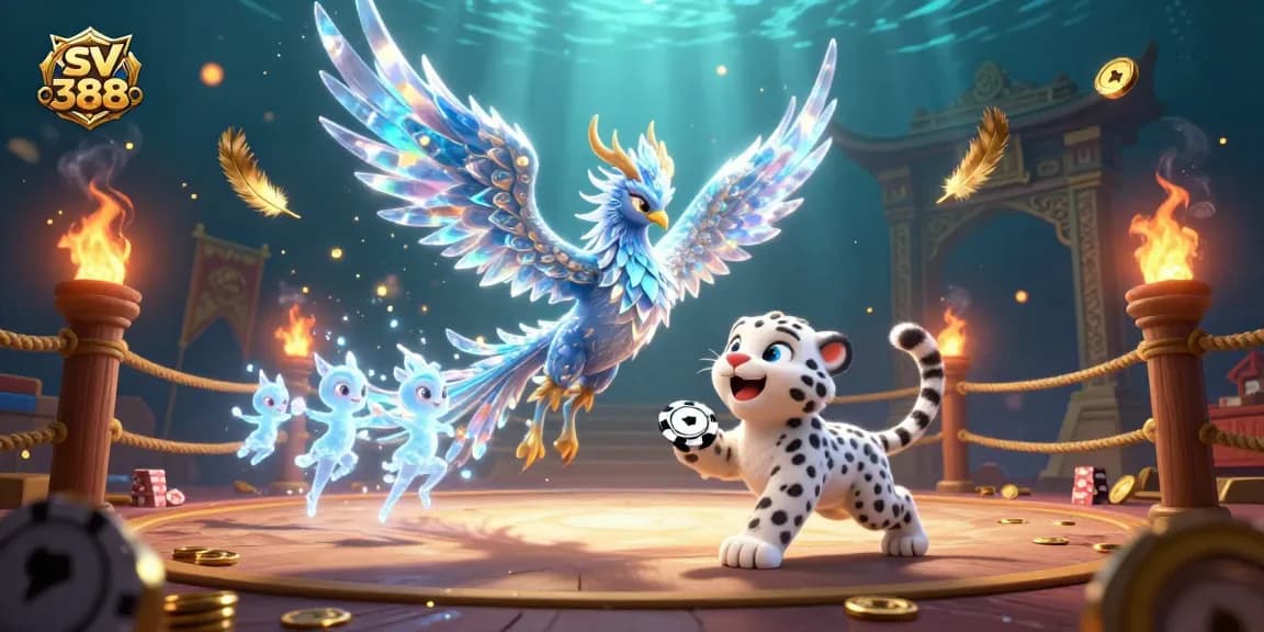 Engage in exciting battles at sv 388 in a vibrant 3D illustration with a phoenix and playful elements.