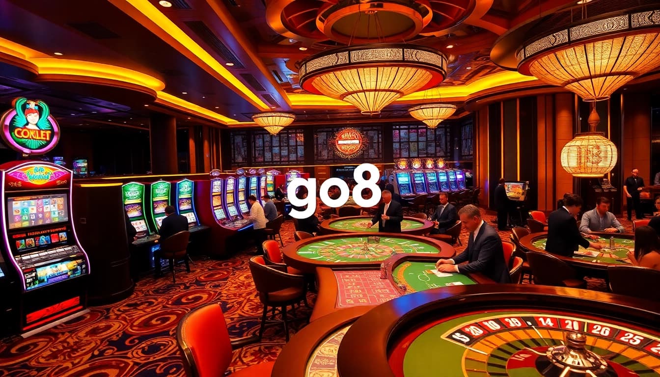 Exciting casino scene featuring go8 branding, players enjoying games at poker tables, and vibrant slot machines.