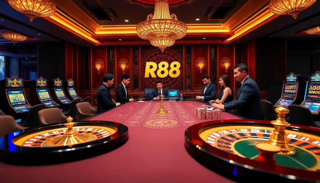 Players enjoying a thrilling experience at the RR88 casino, featuring vibrant tables and slot machines.