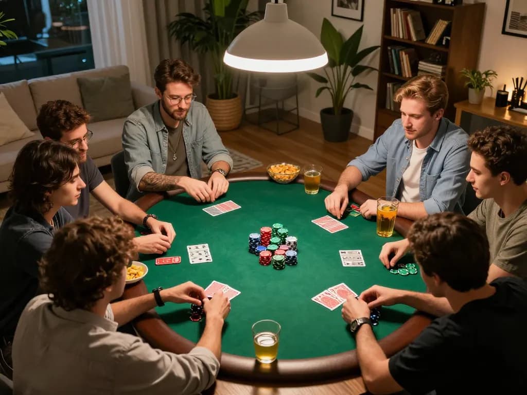 IWIN68 poker night with friends engaged in gameplay at home, showcasing vibrant social interaction.