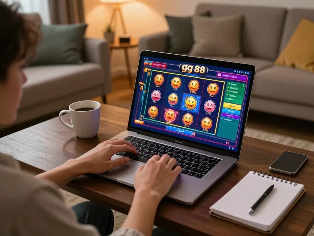 Player engaging with gg 88 casino games on a laptop at home, emphasizing online gambling in a cozy setting