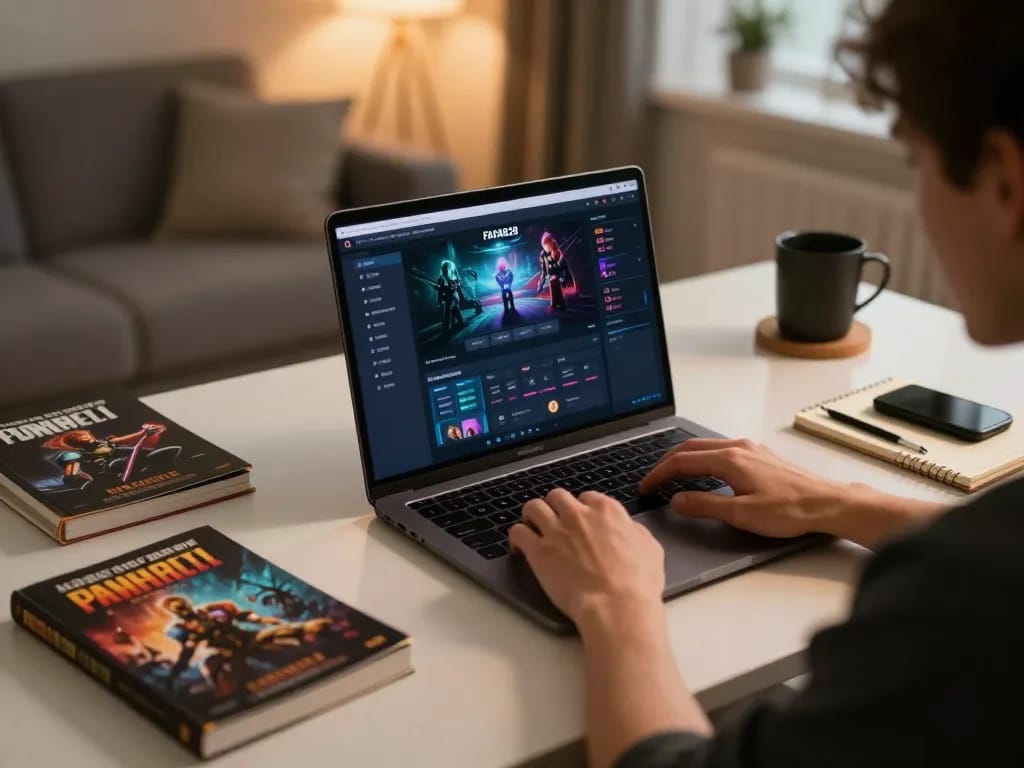 Engaging user focused on FAFA828 online gaming interface in a cozy home office setup