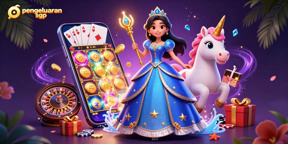 Capture the excitement of pengeluaran sgp with a vibrant 3D illustration featuring a regal woman and a unicorn in a casino-themed scene.